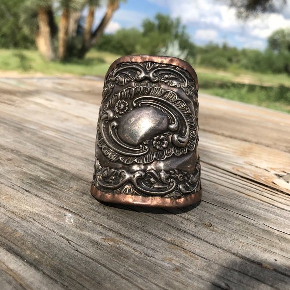 Antique Sterling Silver Cuff Bracelet Repoussé Scroll Size Small Copper 925 - Picture 5 of 9